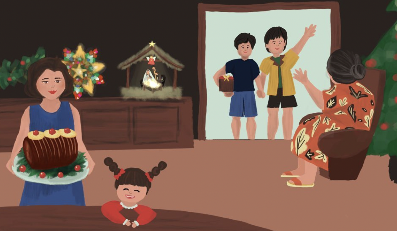 Illustration of a Filipino family celebrating Christmas at home
